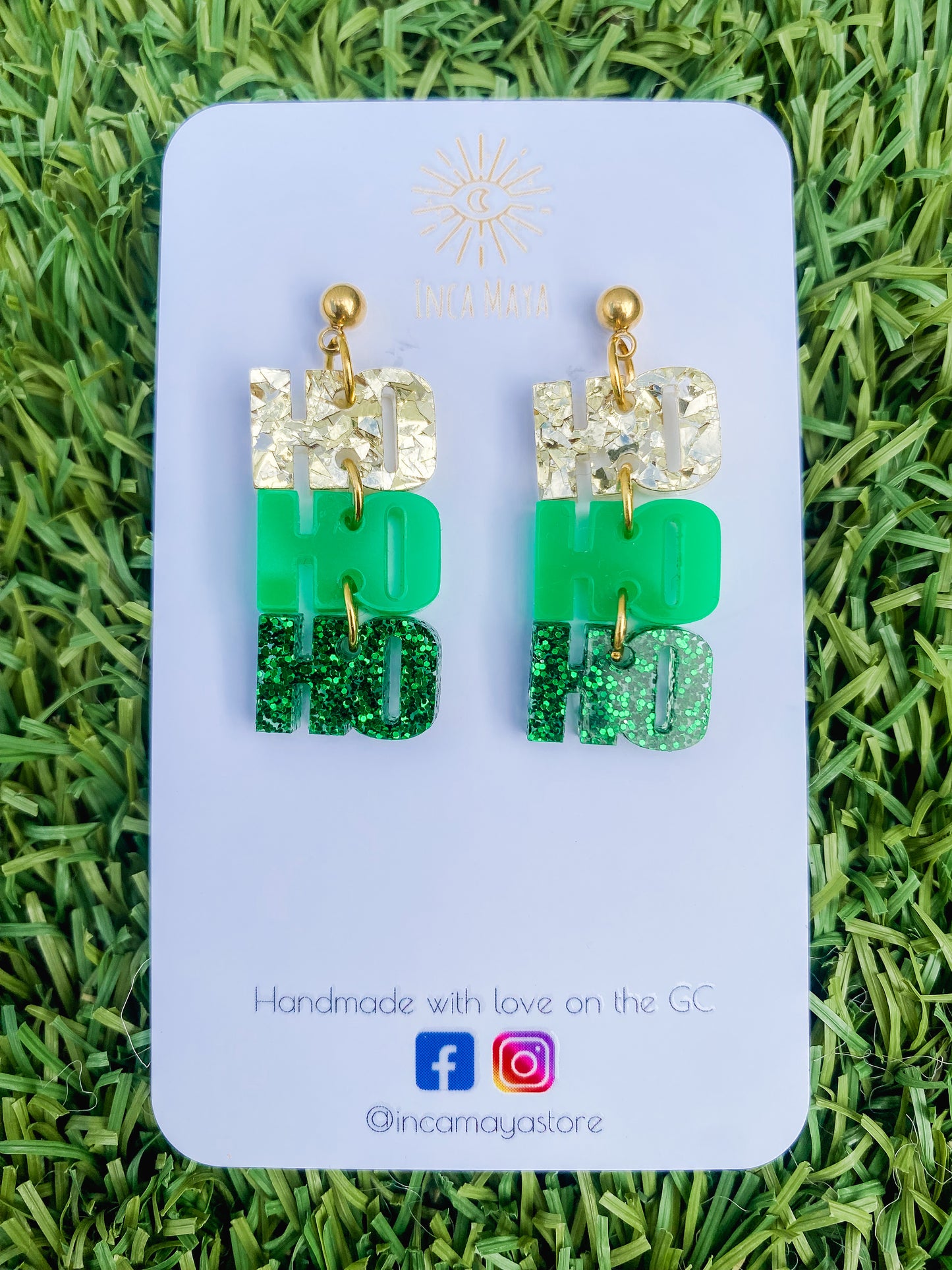 Hohoho Glitter Green & Gold Christmas Dangles