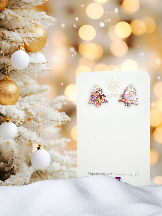 Chunky Rose Pink Glitter Christmas tree studs