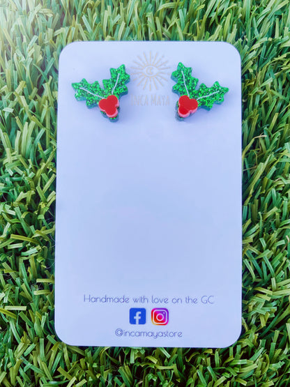 Holly Christmas studs
