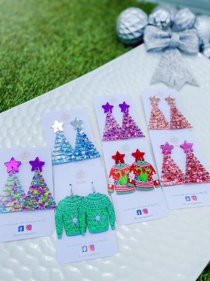 Chunky Glitter Purple & Green Glitter Christmas Tree Dangles