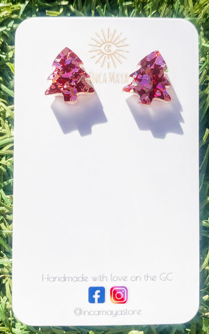 Chunky Pink & Red Glitter Christmas tree studs