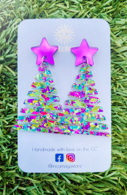 Chunky Glitter Purple & Green Glitter Christmas Tree Dangles
