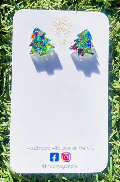 Chunky Blue, Green & Purple Glitter Christmas tree studs