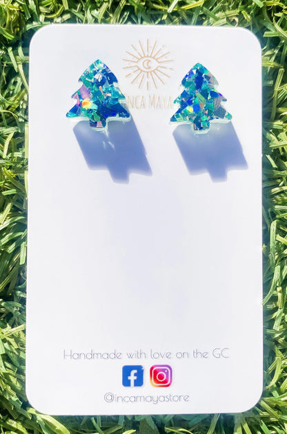 Chunky Blue & Silver Glitter Christmas tree studs