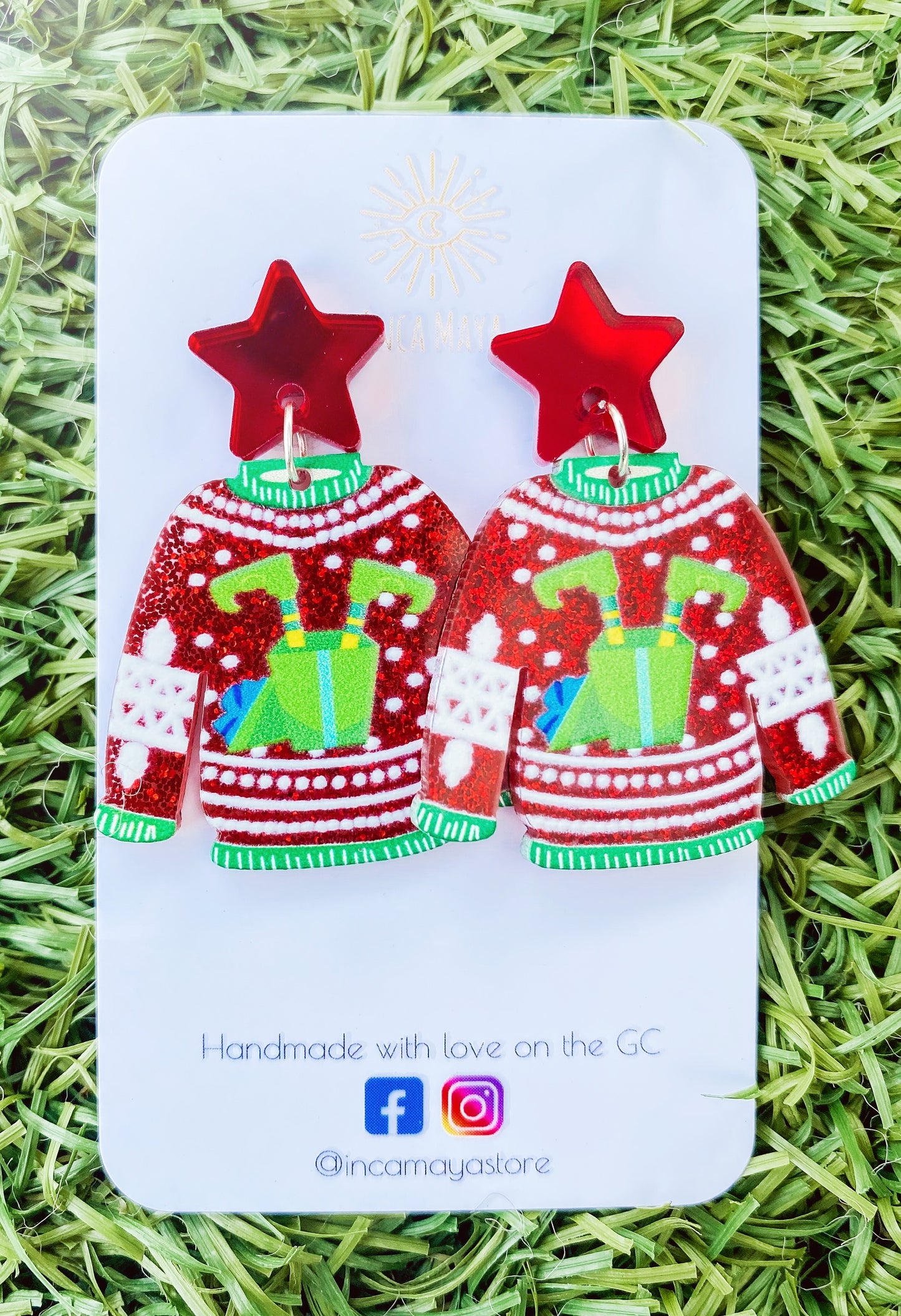 Elf Red Glitter Christmas Sweater Dangles