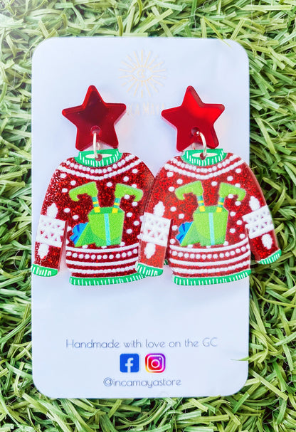 Elf Red Glitter Christmas Sweater Dangles