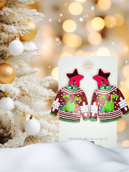 Elf Red Glitter Christmas Sweater Dangles