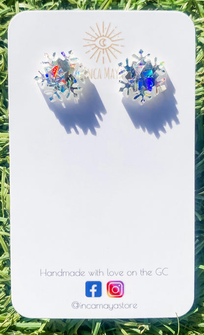 Chunky Silver Glitter Snowflake studs