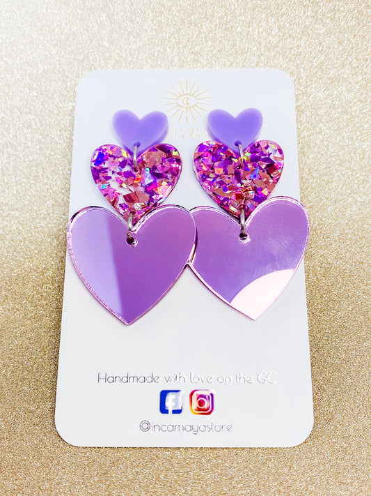 Purple Triple Hearts Acrylic Dangles