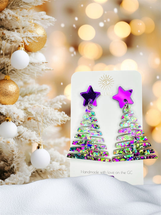 Chunky Glitter Purple & Green Glitter Christmas Tree Dangles