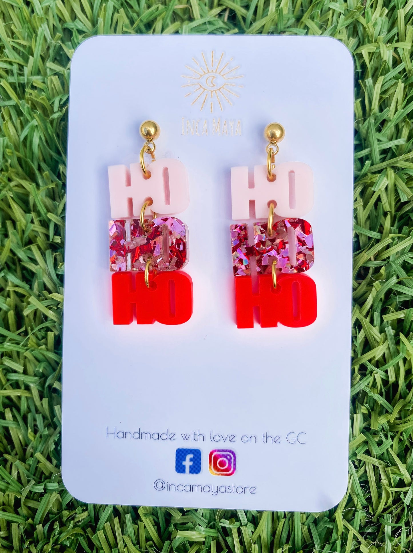 Hohoho Glitter Pink & Red Christmas Dangles