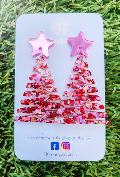 Chunky Glitter Pink & Red Glitter Christmas Tree Dangles