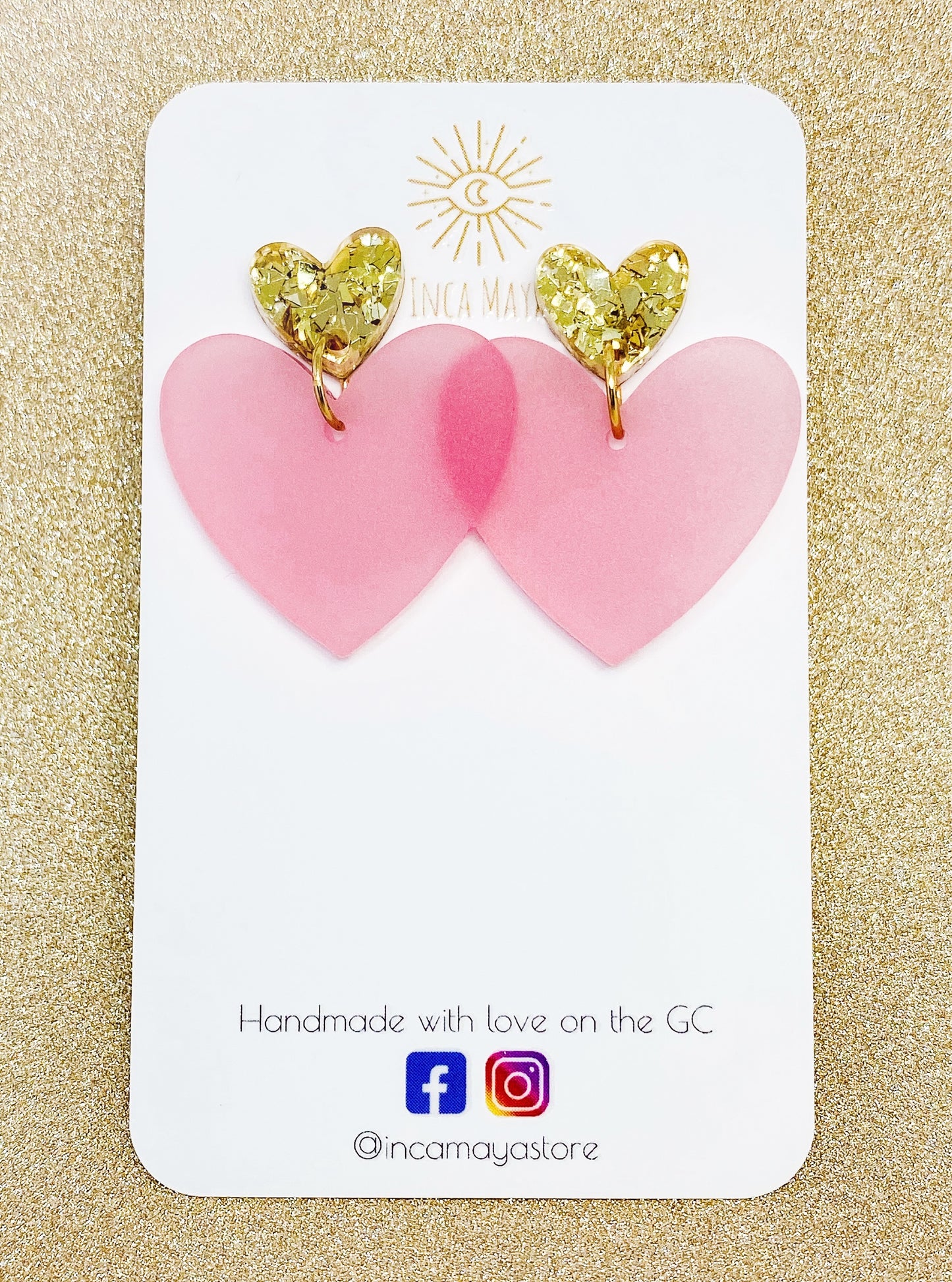 Frosted Pink & Crystal Gold Double Hearts Acrylic Dangles