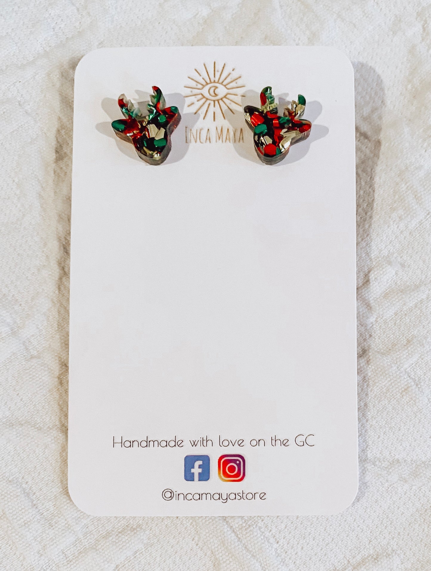 Gold, Green & Red Chunky Glitter Reindeer studs