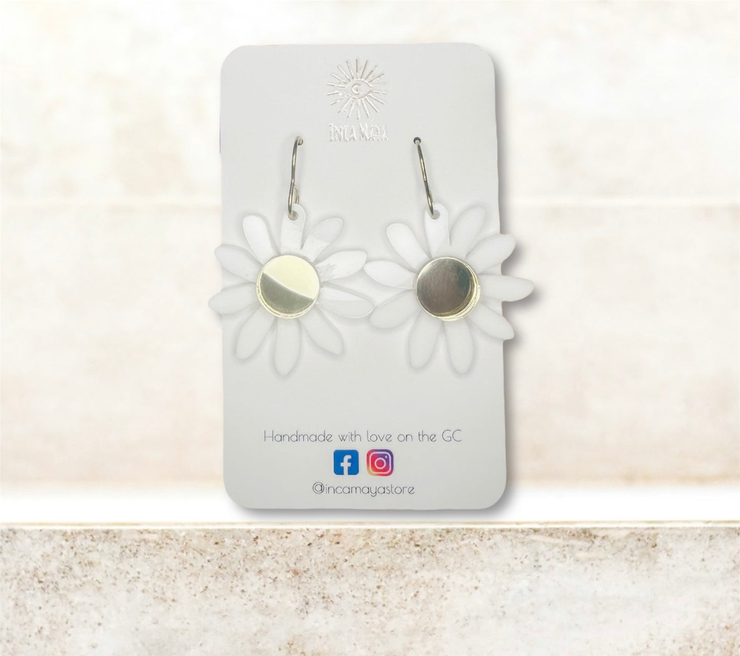 White & Gold Mirror Daisy Dangles