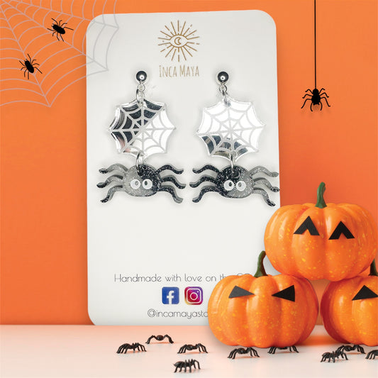 Glitter Spiders with Mirrored Web Dangles