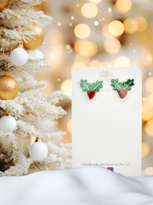 Holly Christmas studs