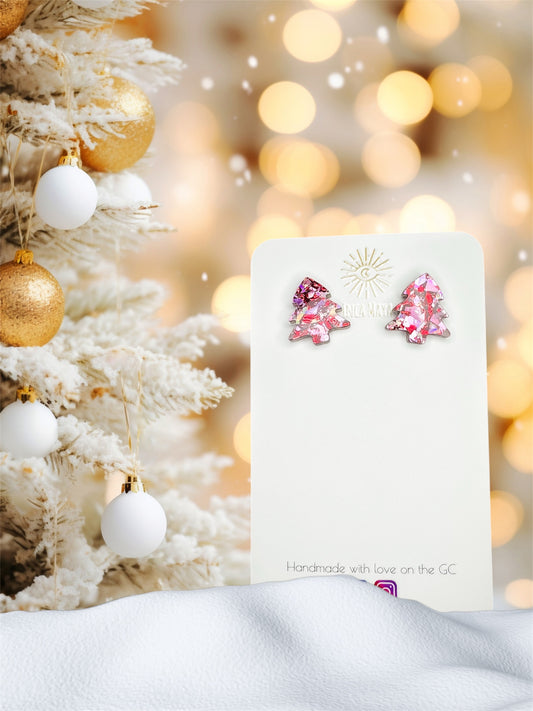 Chunky Pink & Red Glitter Christmas tree studs