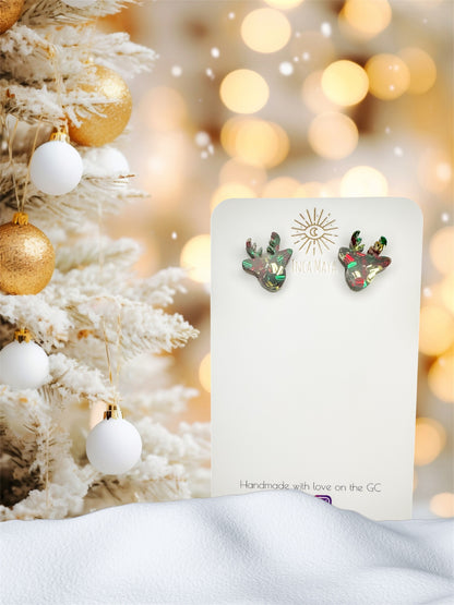 Gold, Green & Red Chunky Glitter Reindeer studs