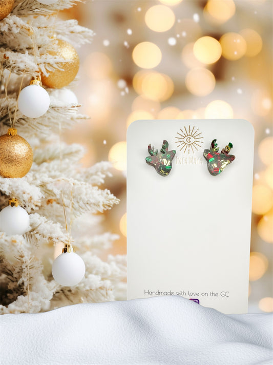 Gold, Green & Red Chunky Glitter Reindeer studs