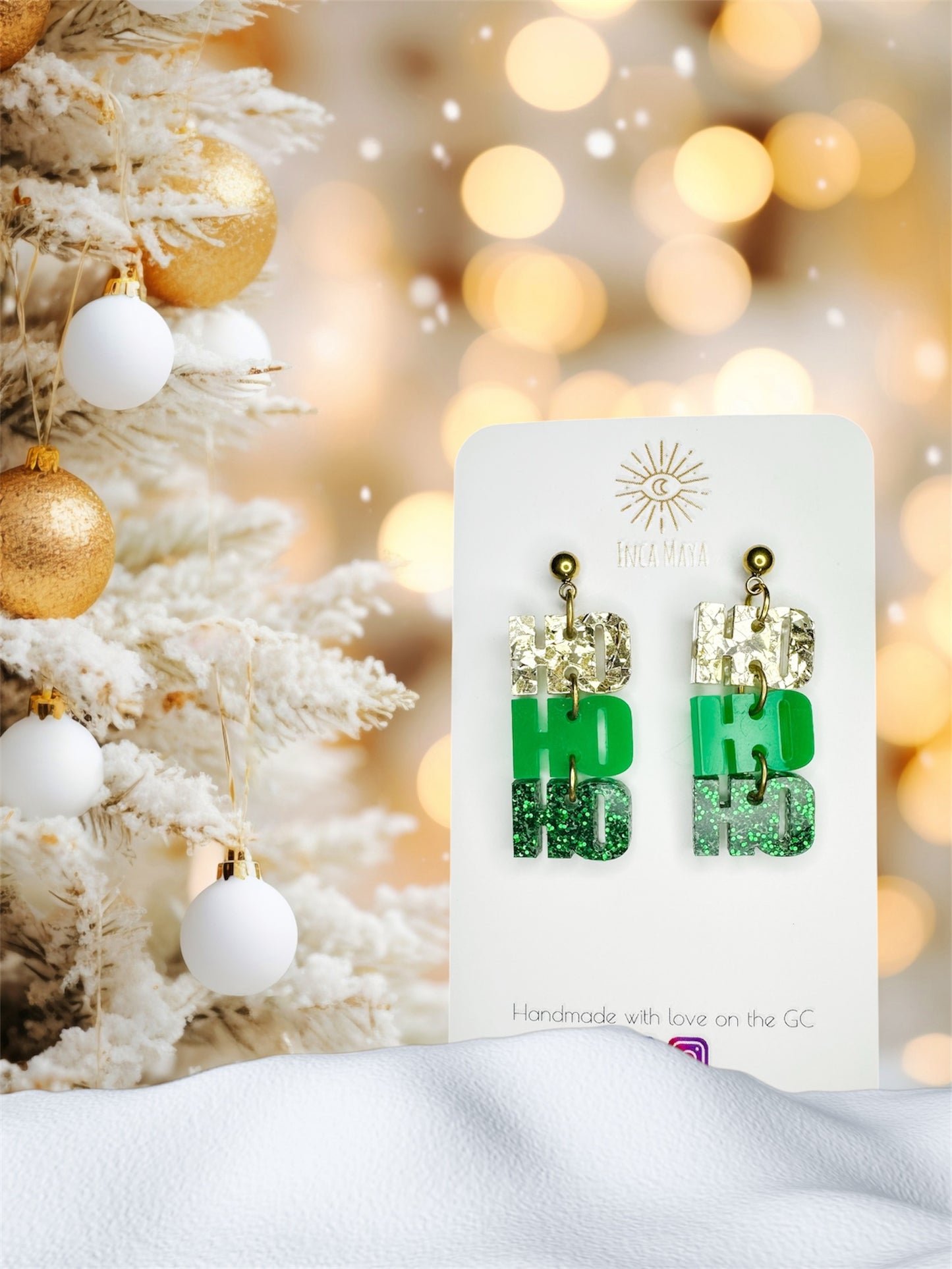 Hohoho Glitter Green & Gold Christmas Dangles