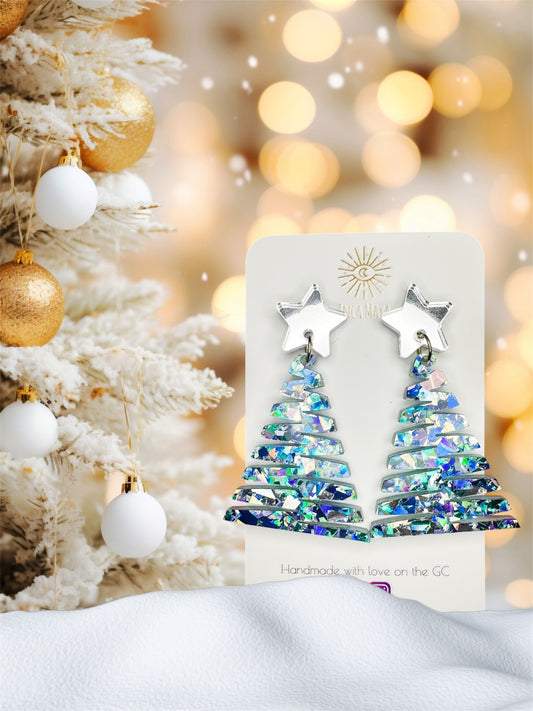 Chunky Glitter Blue & Silver Glitter Christmas Tree Dangles