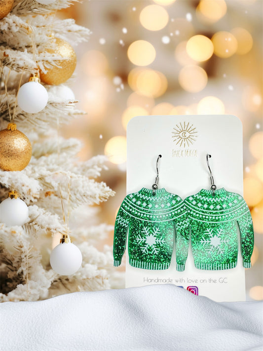 Snowflake  Emerald Green Glitter Christmas Sweater Dangles