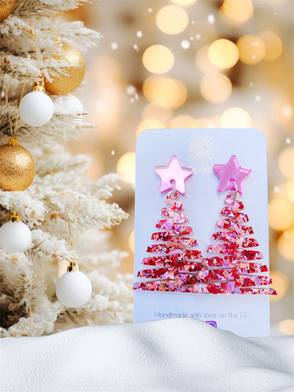Chunky Glitter Pink & Red Glitter Christmas Tree Dangles
