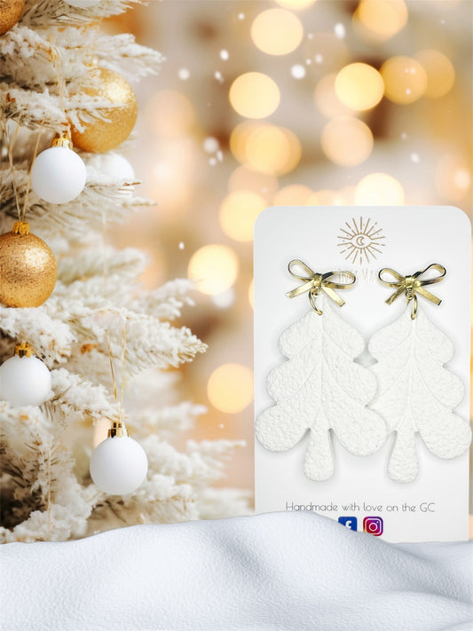 Gold Bow White Textured Christmas Tree Dangles